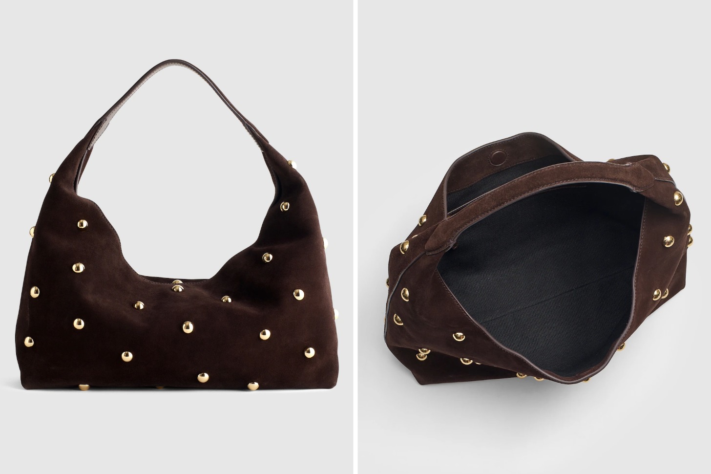 A side by side of a brown leather studded shoulder bag.