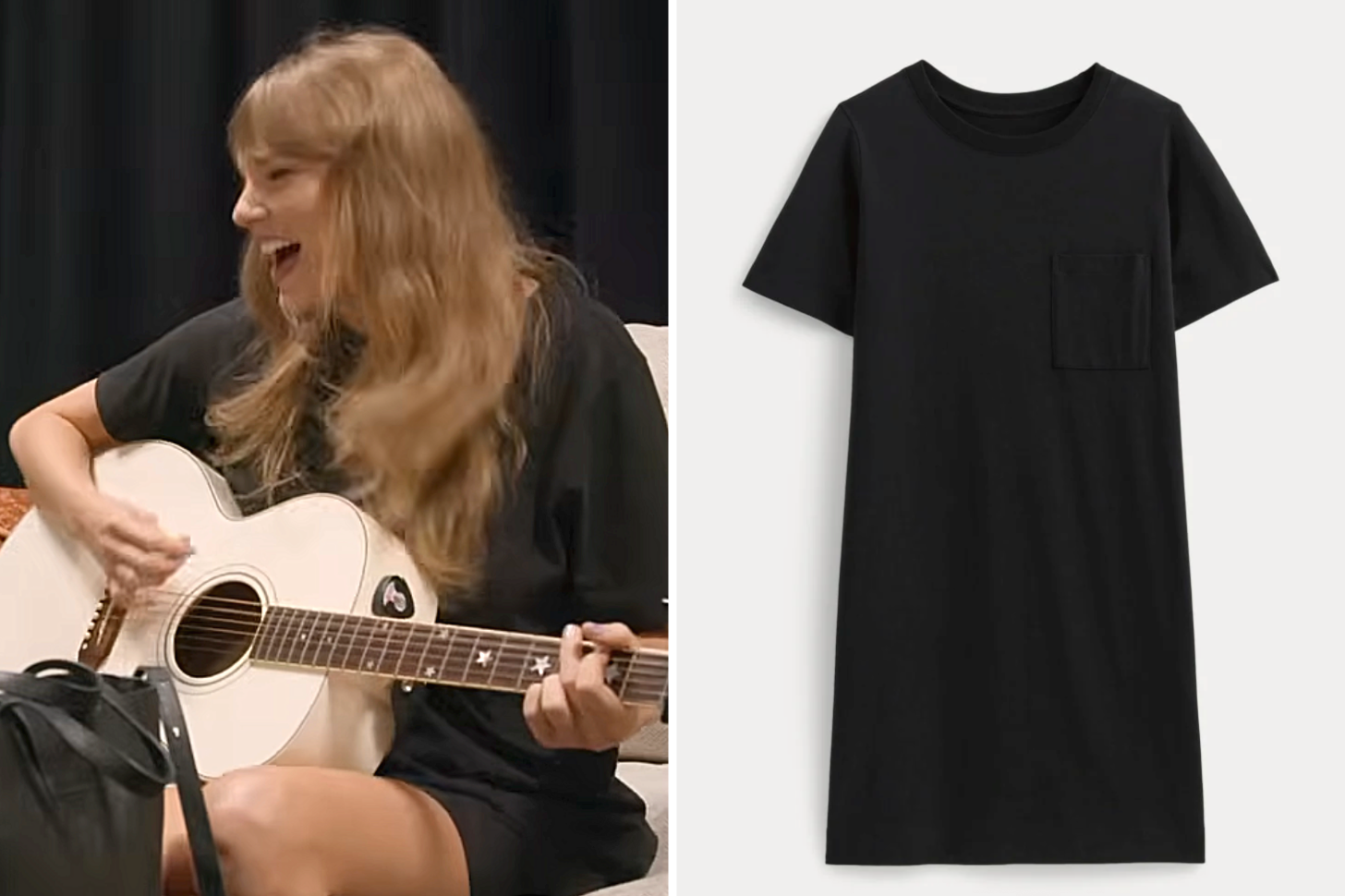 Taylor Swift Wearing Everlane Black Organic Cotton Weekend Tee Dress Next to Product Image