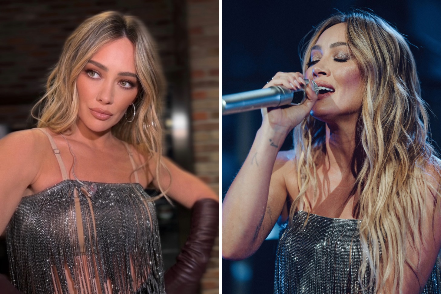 A side by side picture of Hilary Duff performing on tour.