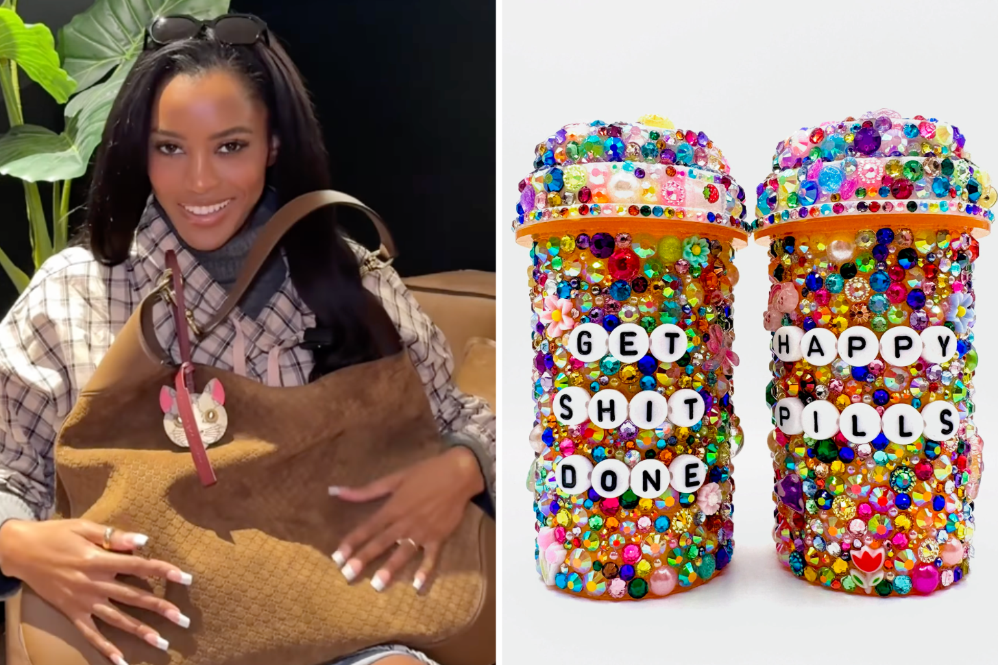 Ciara Miller With a Gucci Tote Bag on Her Lap Next to Bedazzled Pill Cases