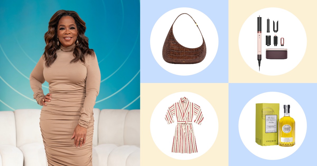 An image of Oprah Winfrey paired with a purse, Dyson Airwrap, robe, and perfume.
