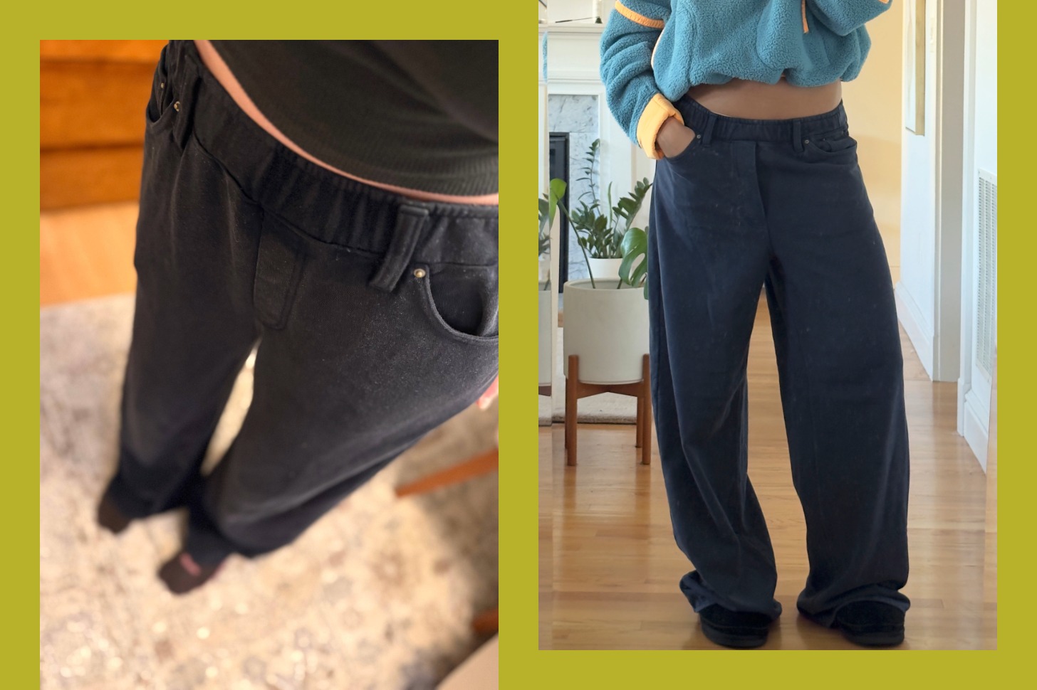 Two editors wear Gap's blue sweatpant jeans.