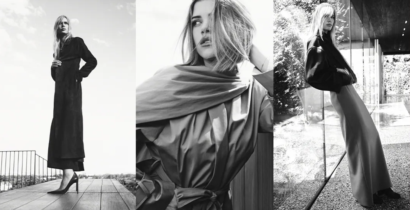 A set of three photos in black and white featuring women posing in Sophia Richie Grainge's new clothing line.
