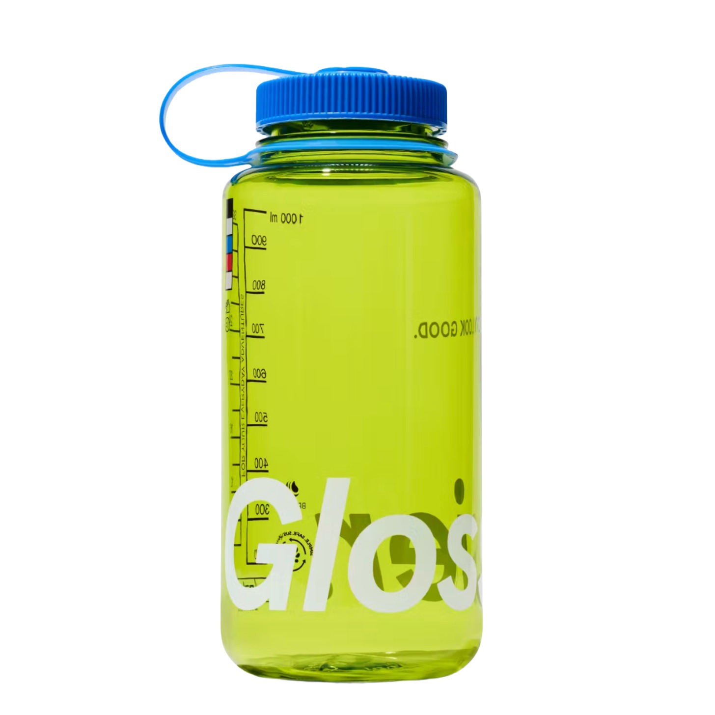 A yellow water bottle with a blue lid with 