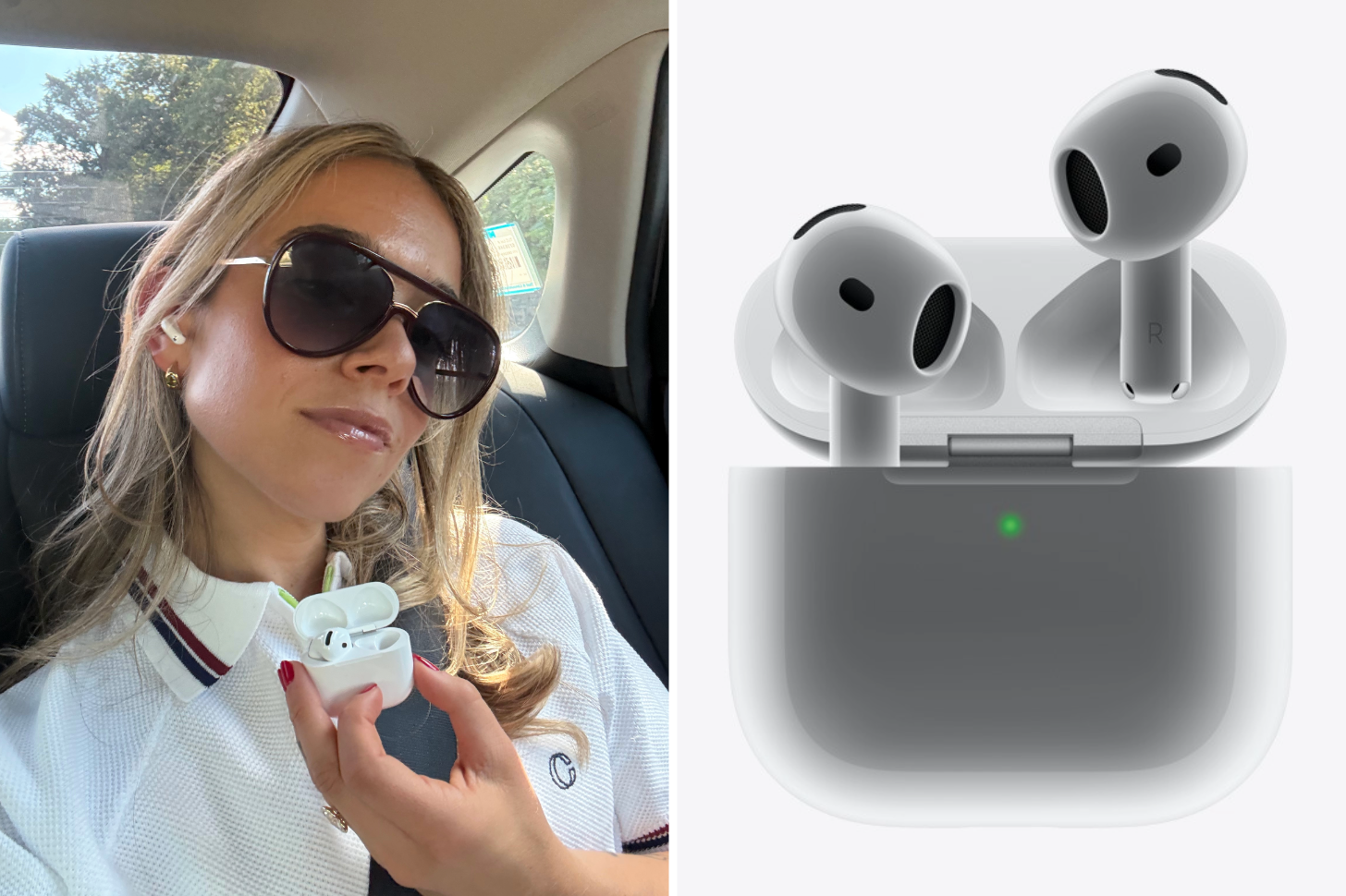 A 2-Up of Sarah Wasilak Wearing Apple AirPods 4 Next to the Product Image