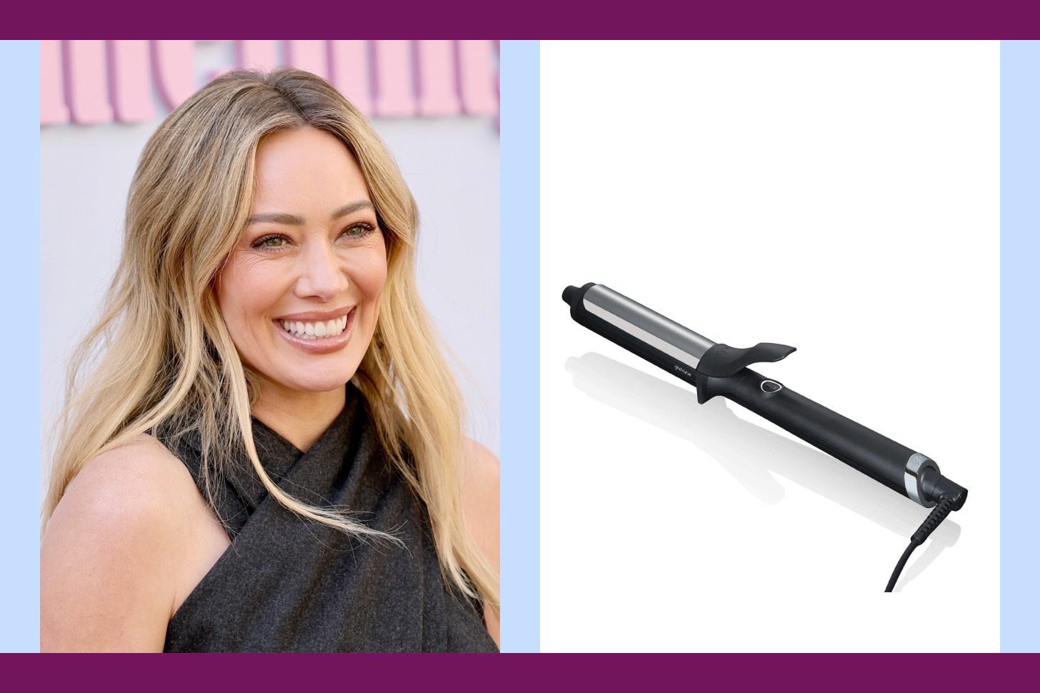 A two-up graphic of Hilary Duff and a curling iron.