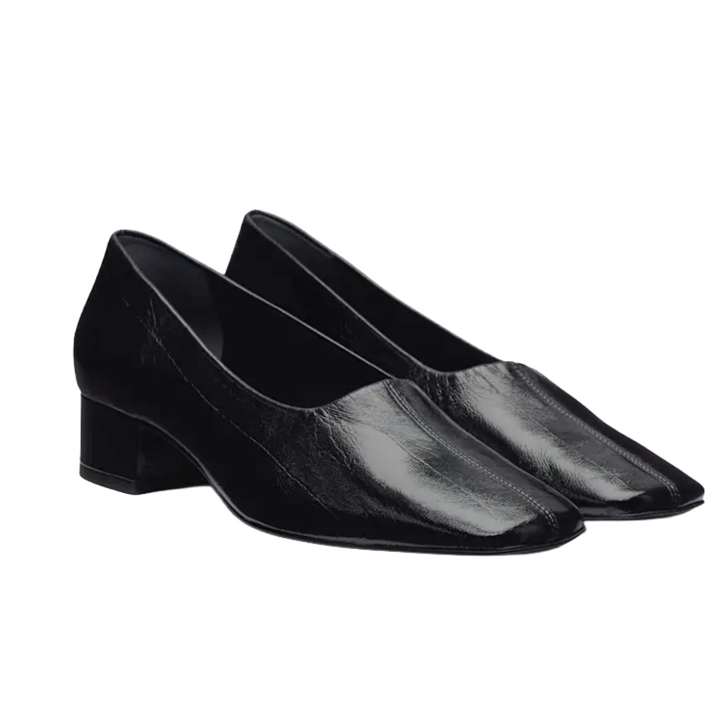 A black square-toed heeled loafer.