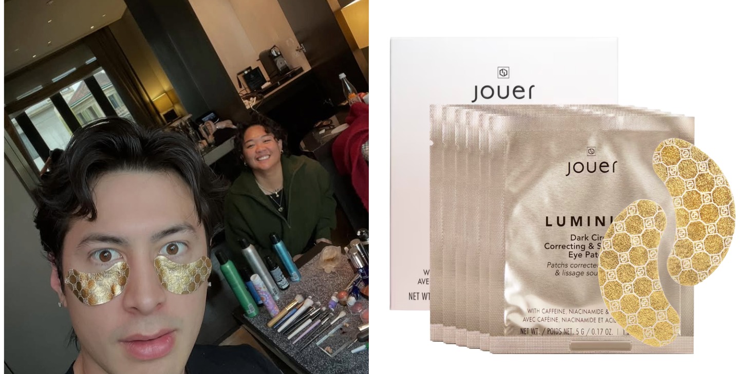 A side-by-side photo of actor Hudson Williams wearing gold eye patches and the product.