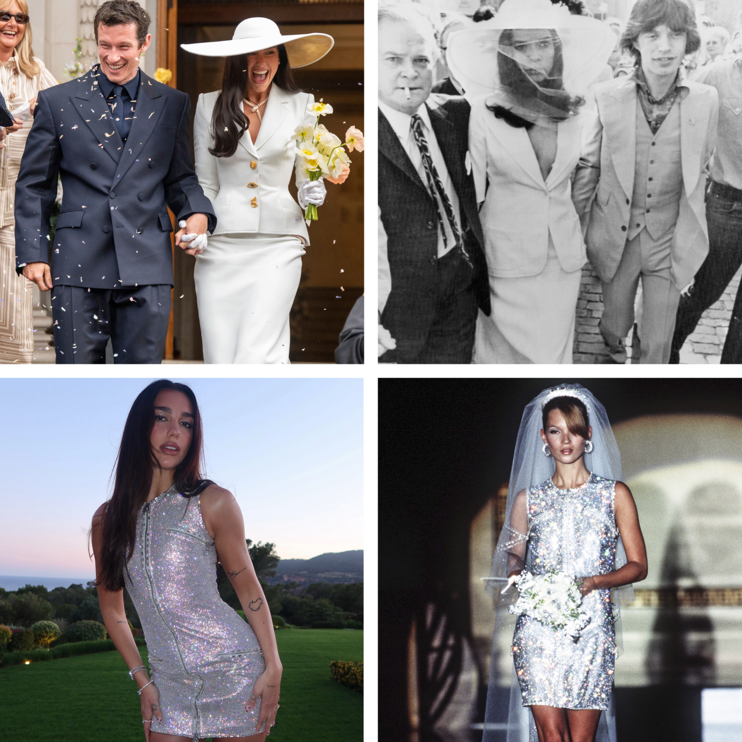 A Collage of Photos of Dua Lipa's Bridal Outfit References, Including Bianca Jagger and Kate Moss