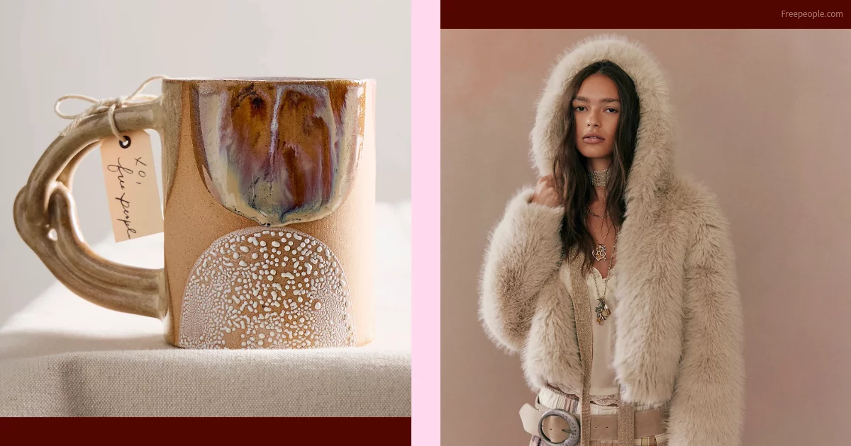 Product shots of a mug and furry hooded coat from Free People