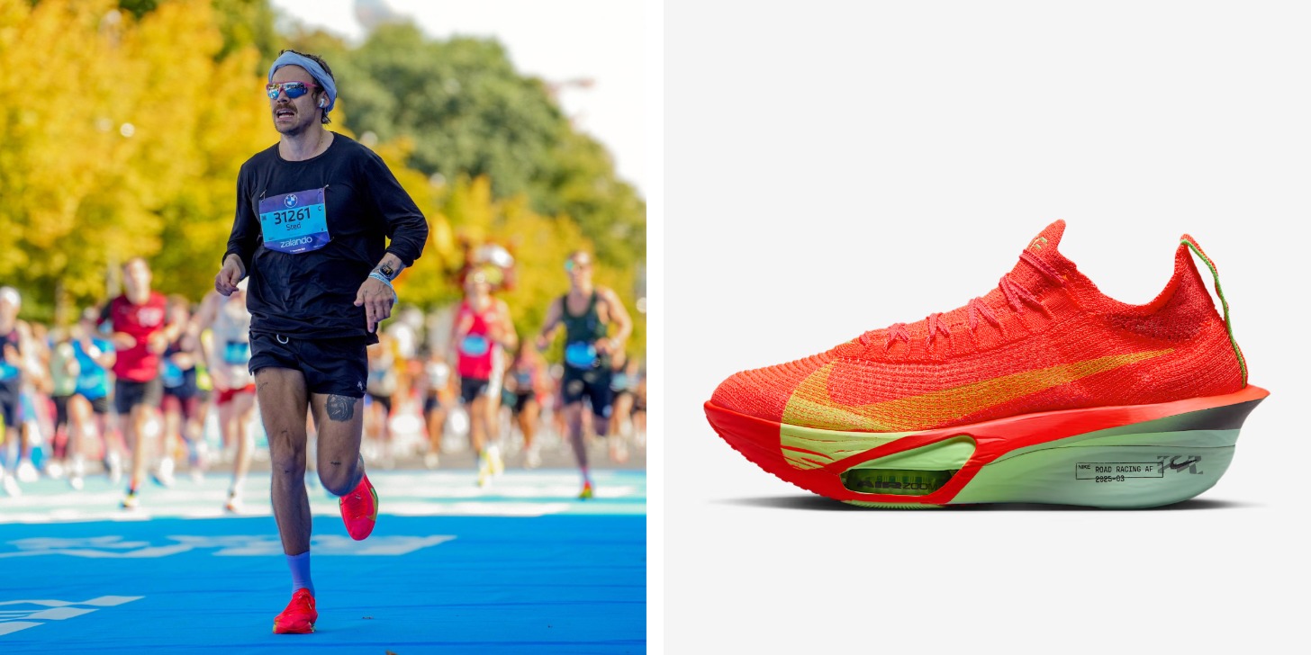 A side by side of Harry Styles and Nike Alphafly 3 Sneakers