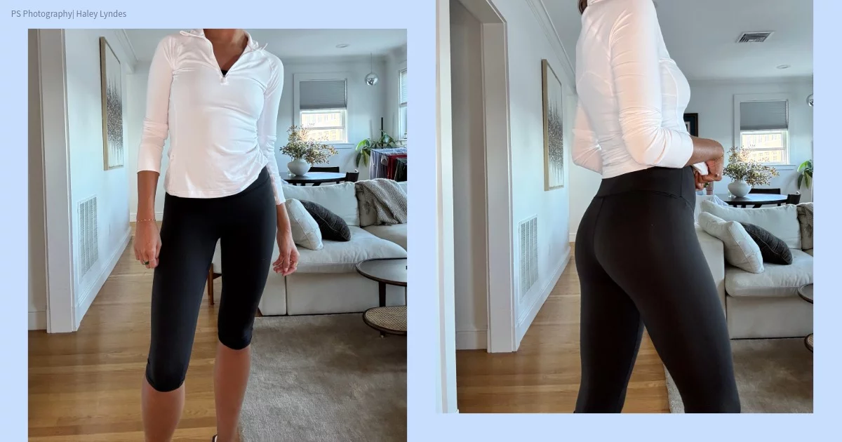 Two angles of PS editor Haley Lyndes wearing Lululemon's Wunder Train Leggings