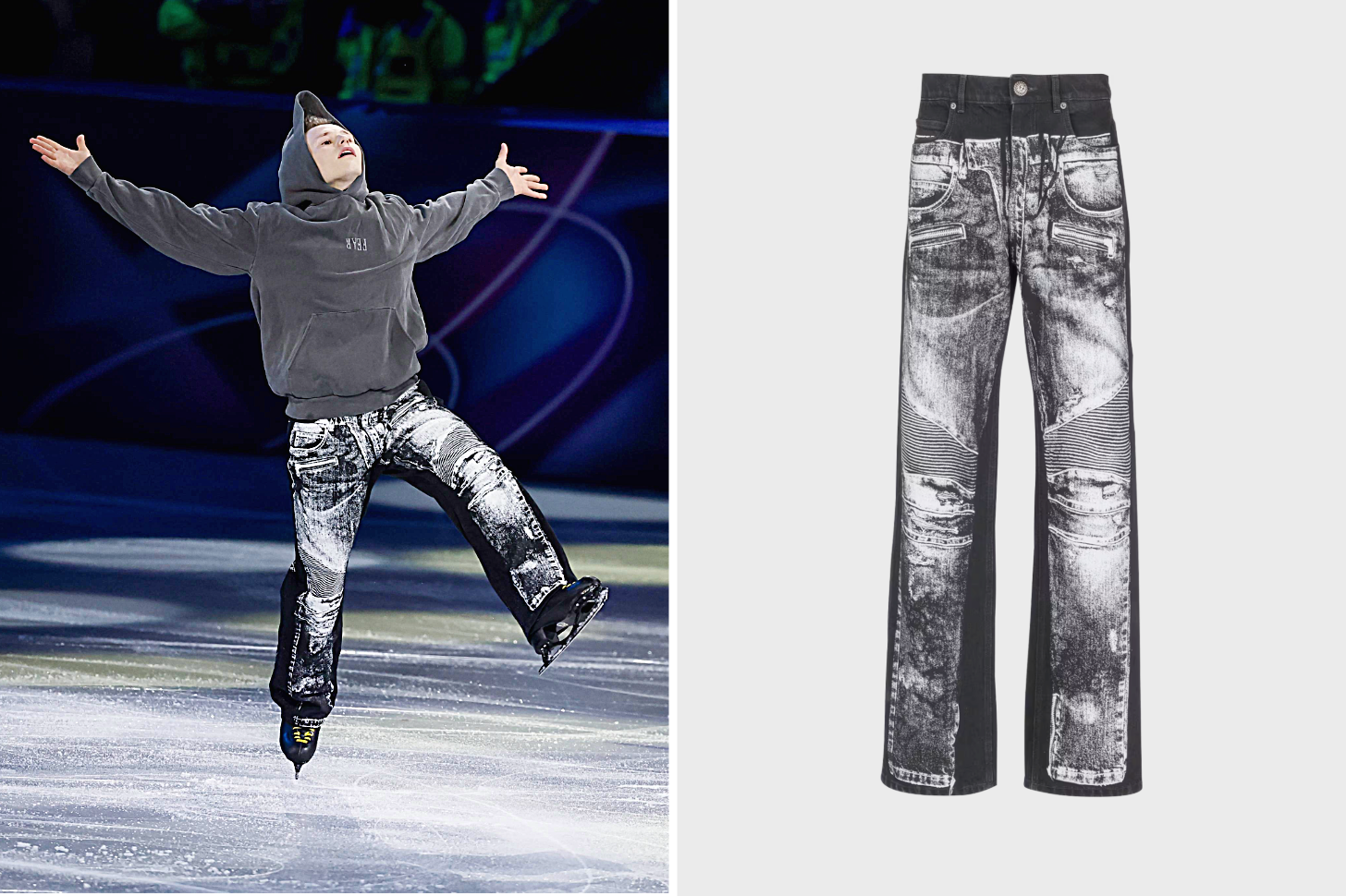 Olympic Skater Ilia Malinin Skating in Balmain Biker Jeans and Fear Hoodie Next to Product Image
