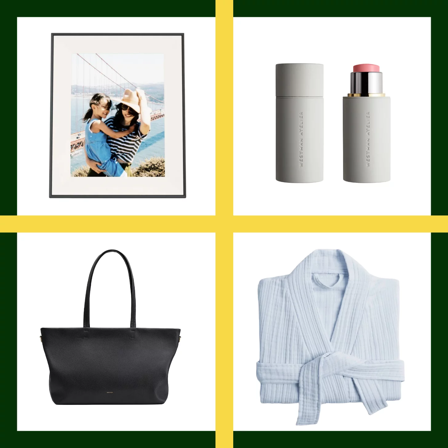 A four-item gift guide grid shows a framed photo of a woman holding a child near the Golden Gate Bridge, a Westman Atelier makeup stick in gray packaging, a black leather tote bag, and a light blue ribbed robe tied at the waist, arranged in a clean layout with green and yellow borders.