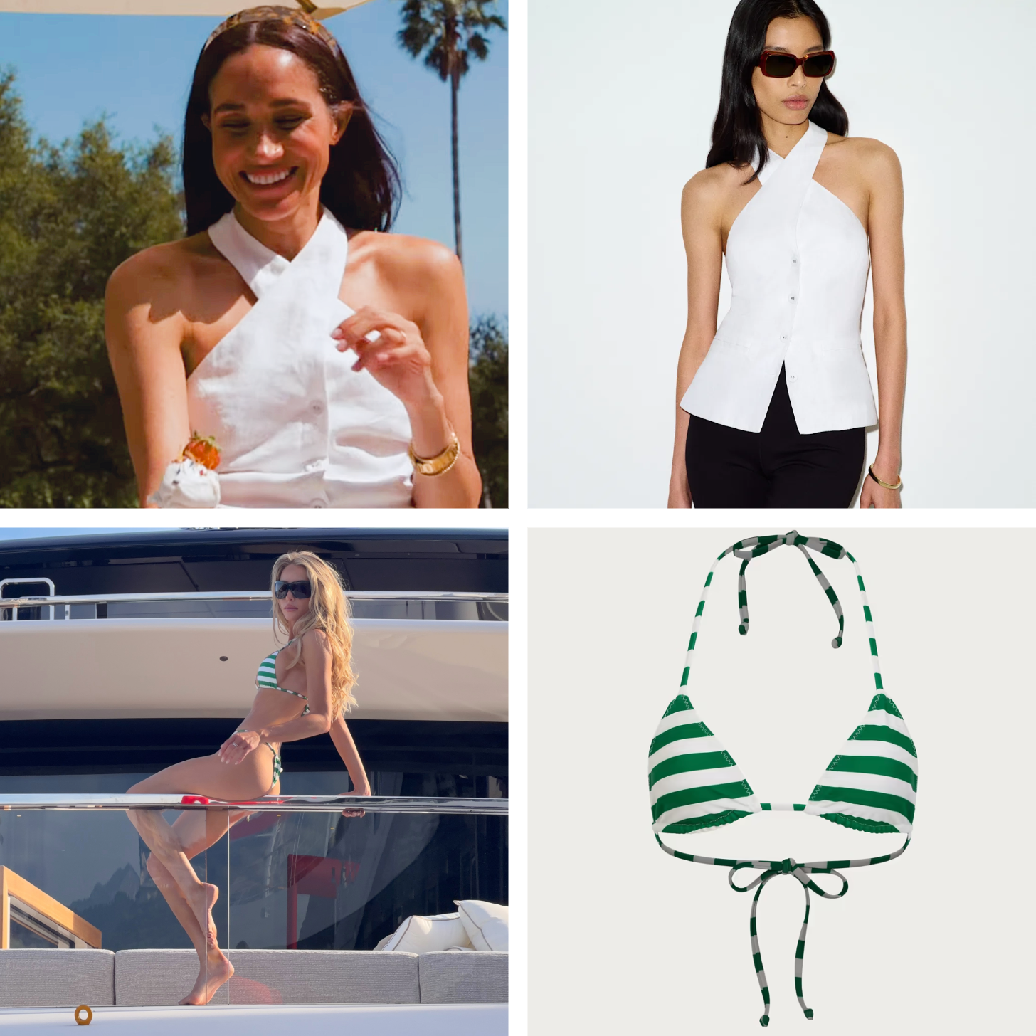A 4-Up of Meghan Markle in a Reformation Top Next to the Product Image and Alix Earle in a Same Bikini Next to the Product Image
