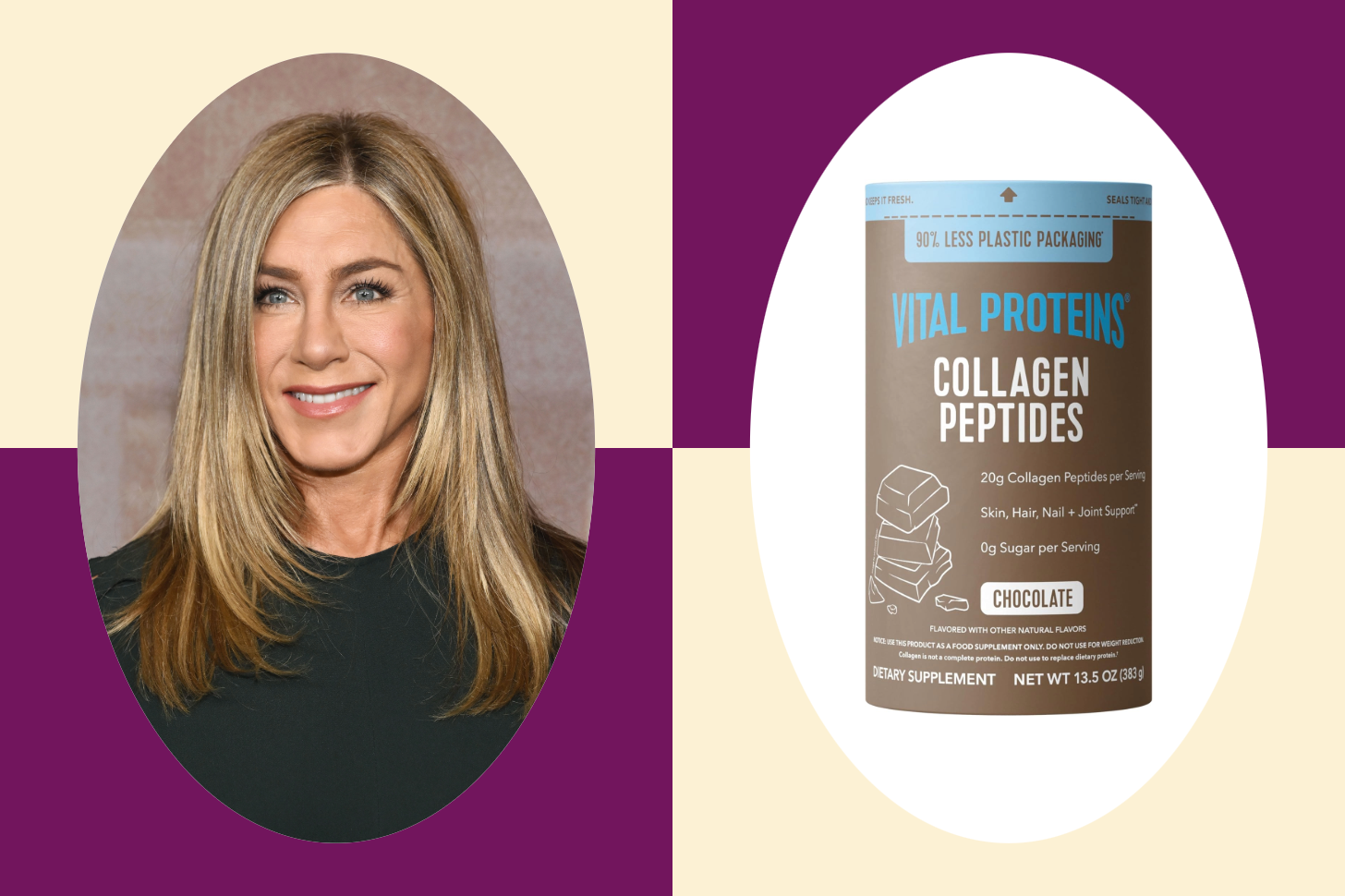 A 2-Up of Jennifer Aniston and a Product Image of Vital Proteins Chocolate Collagen Peptides