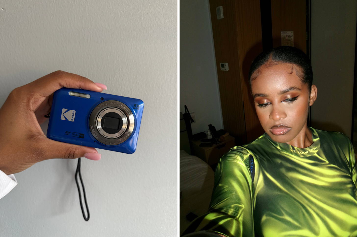 Naomi Parris holds a blue Kodak Digital Camera against a plain wall.