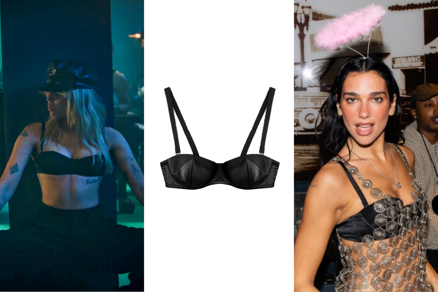 A 3-Up of Miley Cyrus and Dua Lipa Wearing a Fleur du Mal Black Bra With the Product Image
