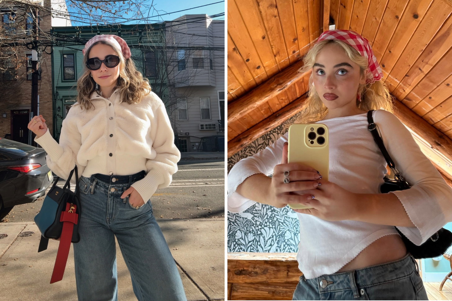 PS Shopping Director Sarah Wasilak Wearing a Red Gingham Headscarf Next to Sabrina Carpenter Wearing a Red Gingham Headscarf