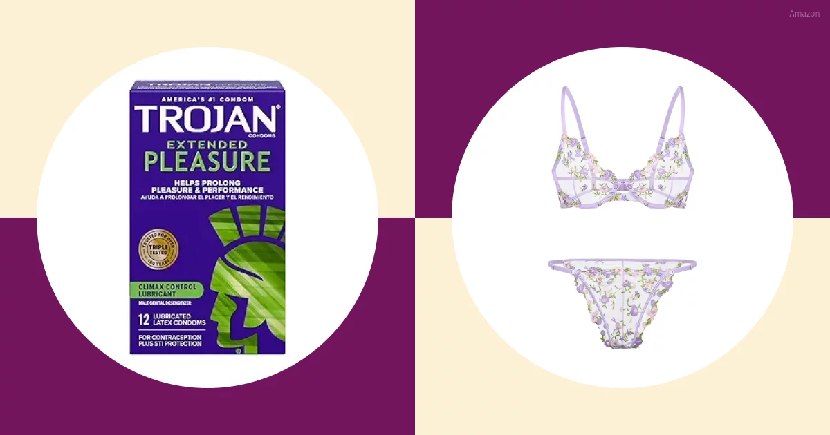 Product Images of Trojan Extended Pleasure Condoms and a Purple Lingerie Set