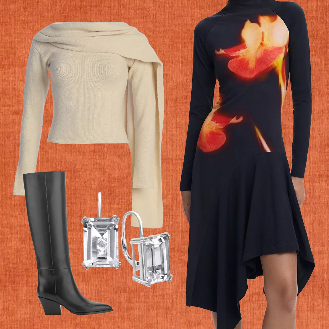 A graphic showcasing boots, a sweater, a dress, and earrings.