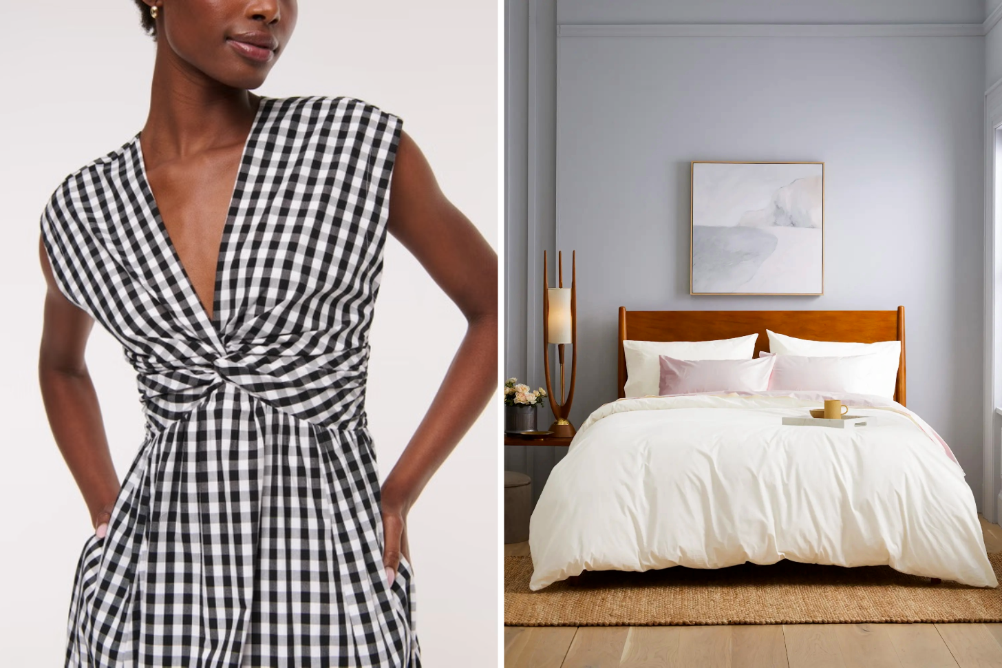 Product Image of Abercrombie & Fitch Gingham Dress and Product Image of Quince Bedding Set