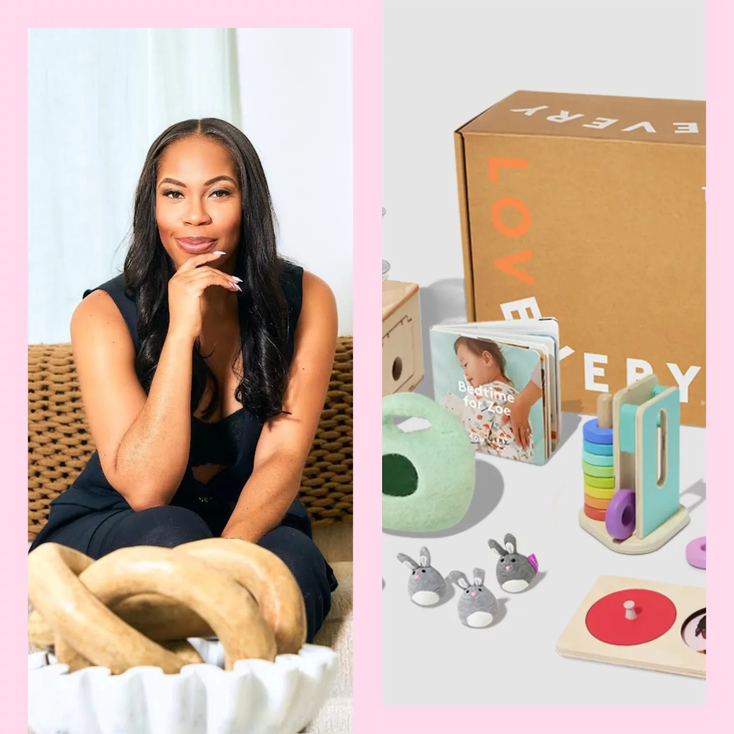 A two-up graphic of a woman with dark hair and a baby kit.