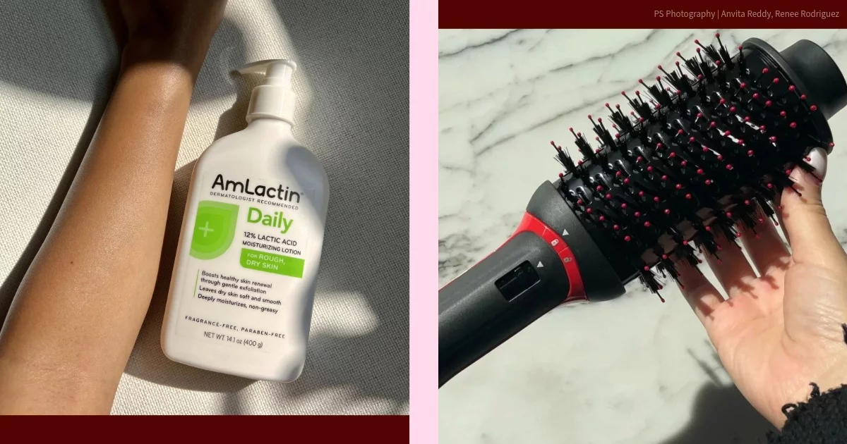 Product shots of Amlactin Daily Lotion and a Revlon hot air brush