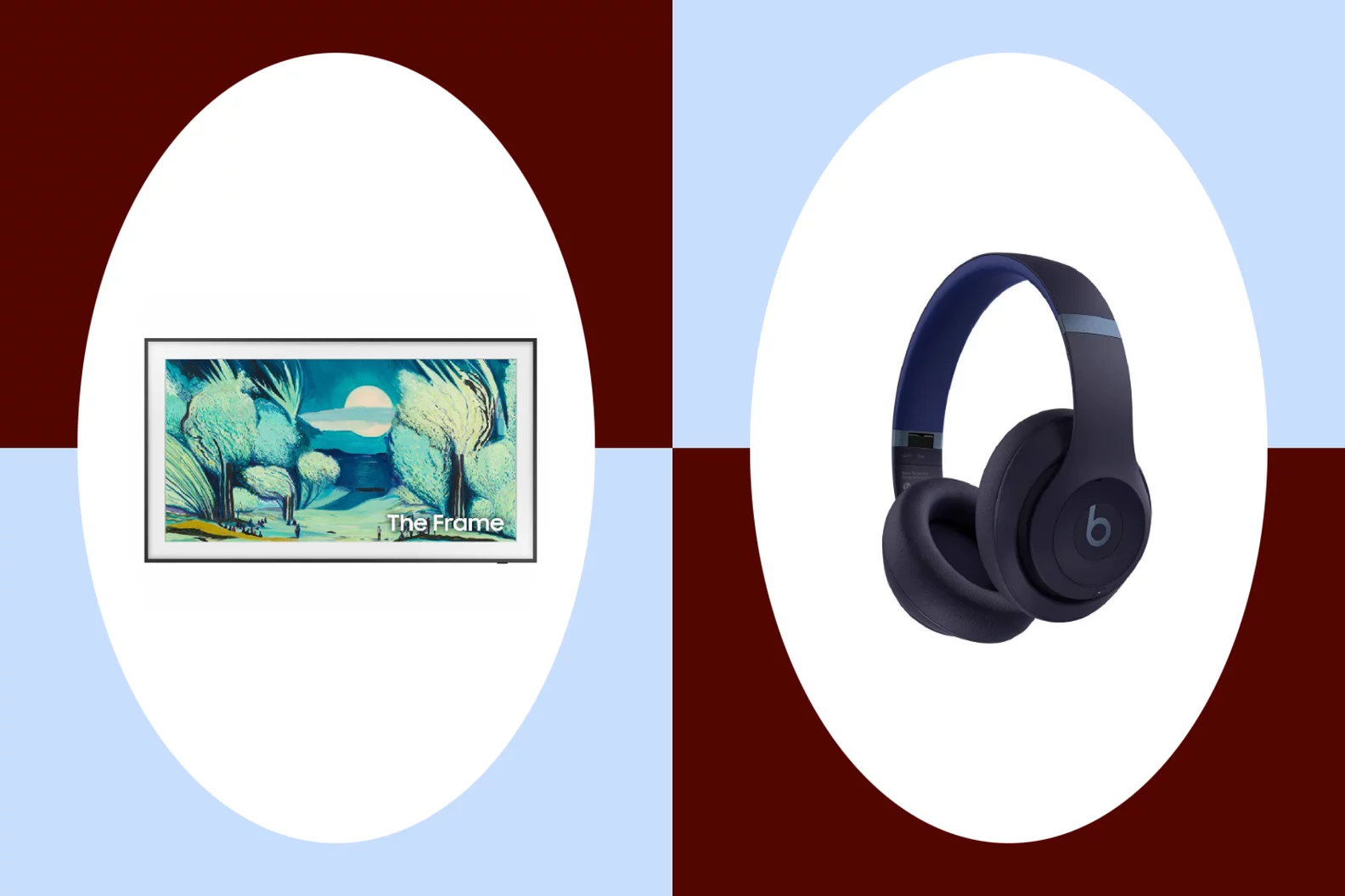 A two-up graphic of a TV and headphones.