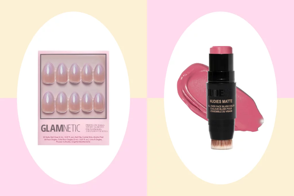 Product shots of Glamnetic press-on nails and Nudestix blush