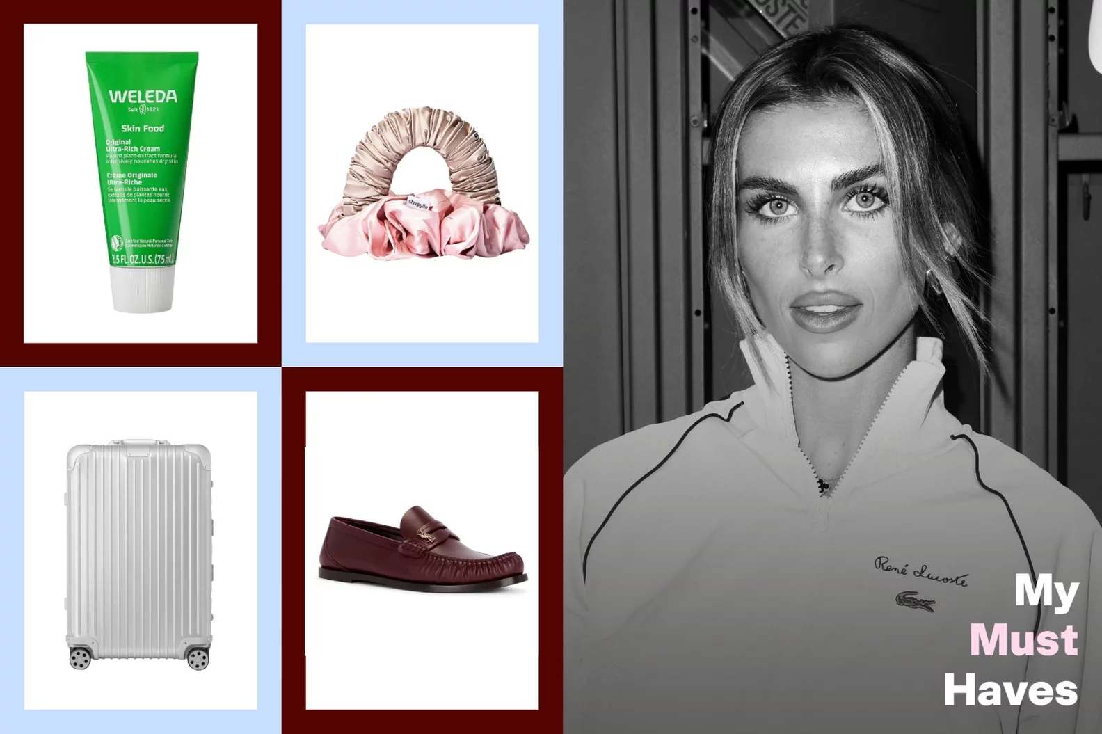 A Getty photo of Paige Lorenze, alongside her favorite products: a moisturizer, hair curler, loafer, and suitcase.