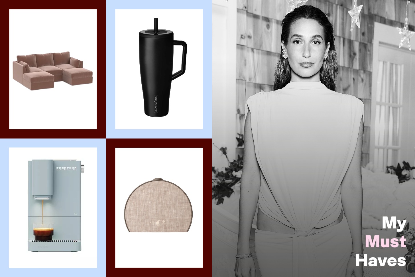 A five-up graphic featuring a couch, water bottle, coffee maker, alarm clock, and 