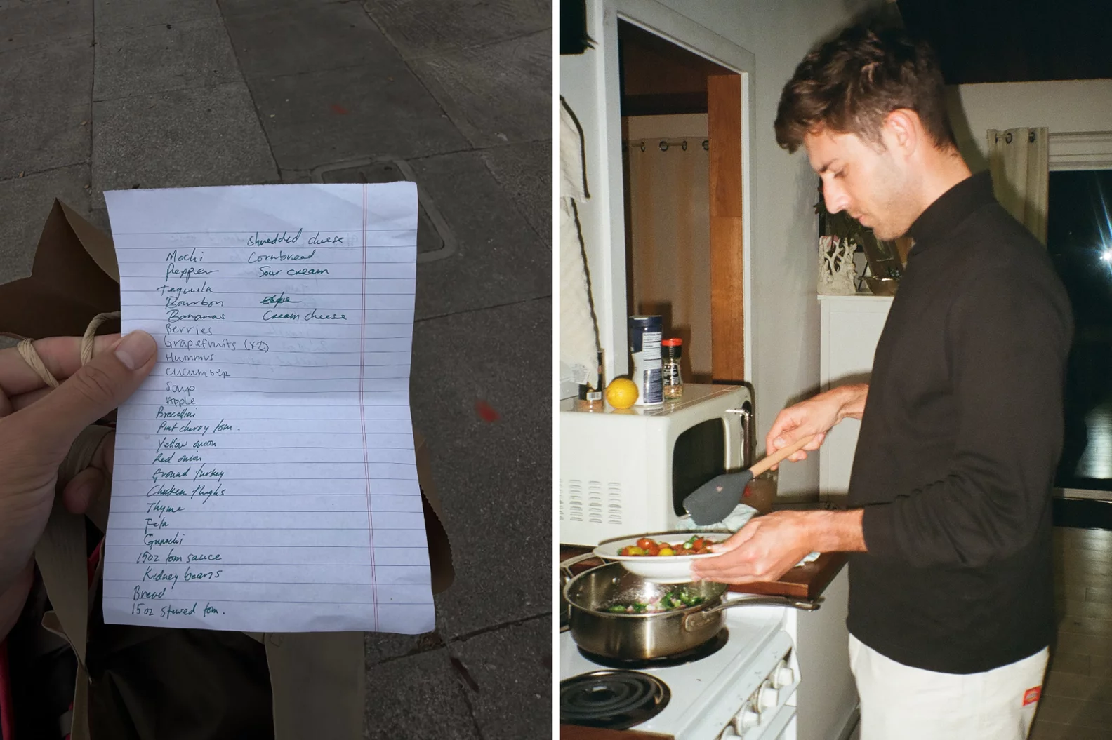 Photos of grocery list and man cooking over stove. 