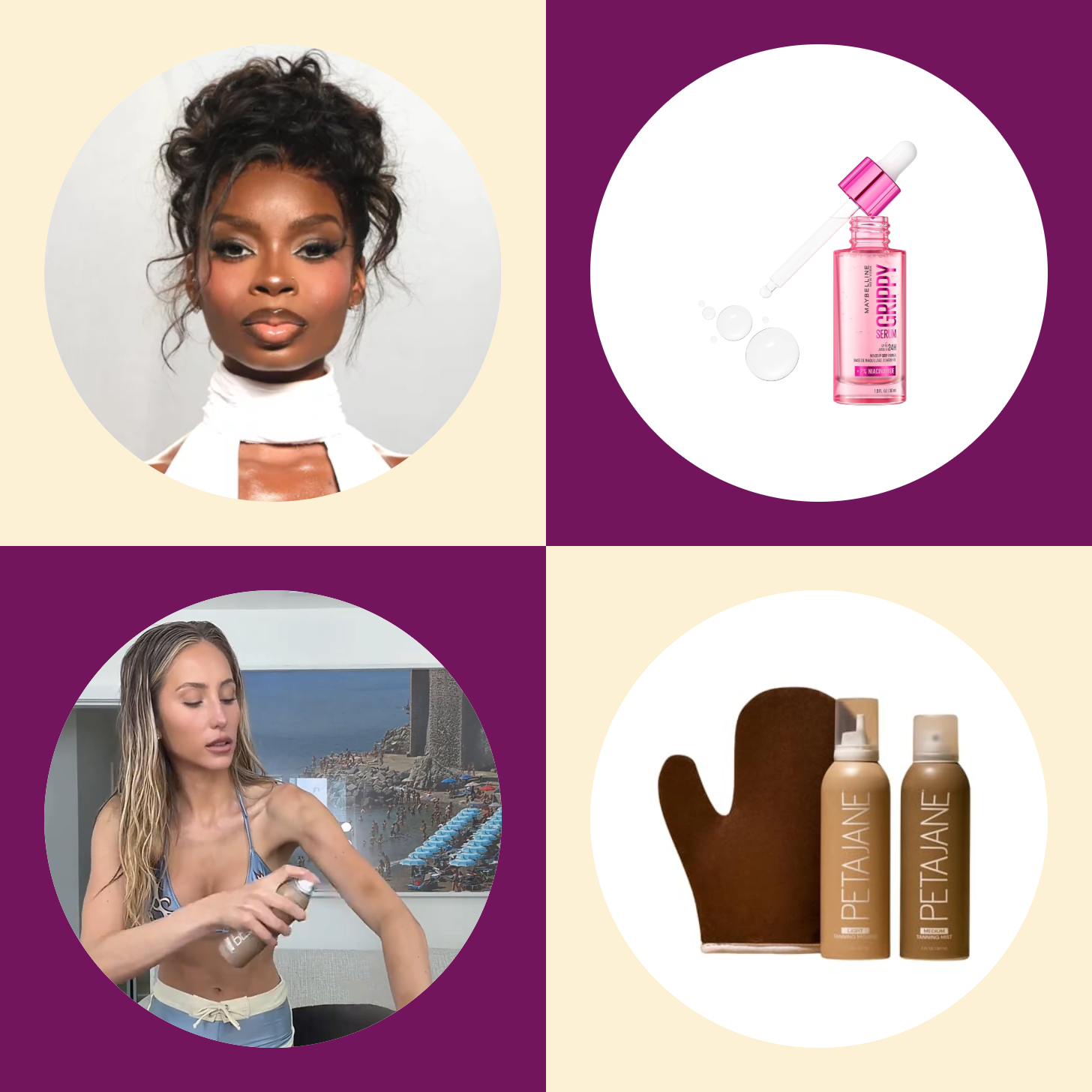 A 4-Up Collage of Olandria, Alix Earle, and Product Shots of Maybelline Grippy Serum and Peta Jane Self Tanner