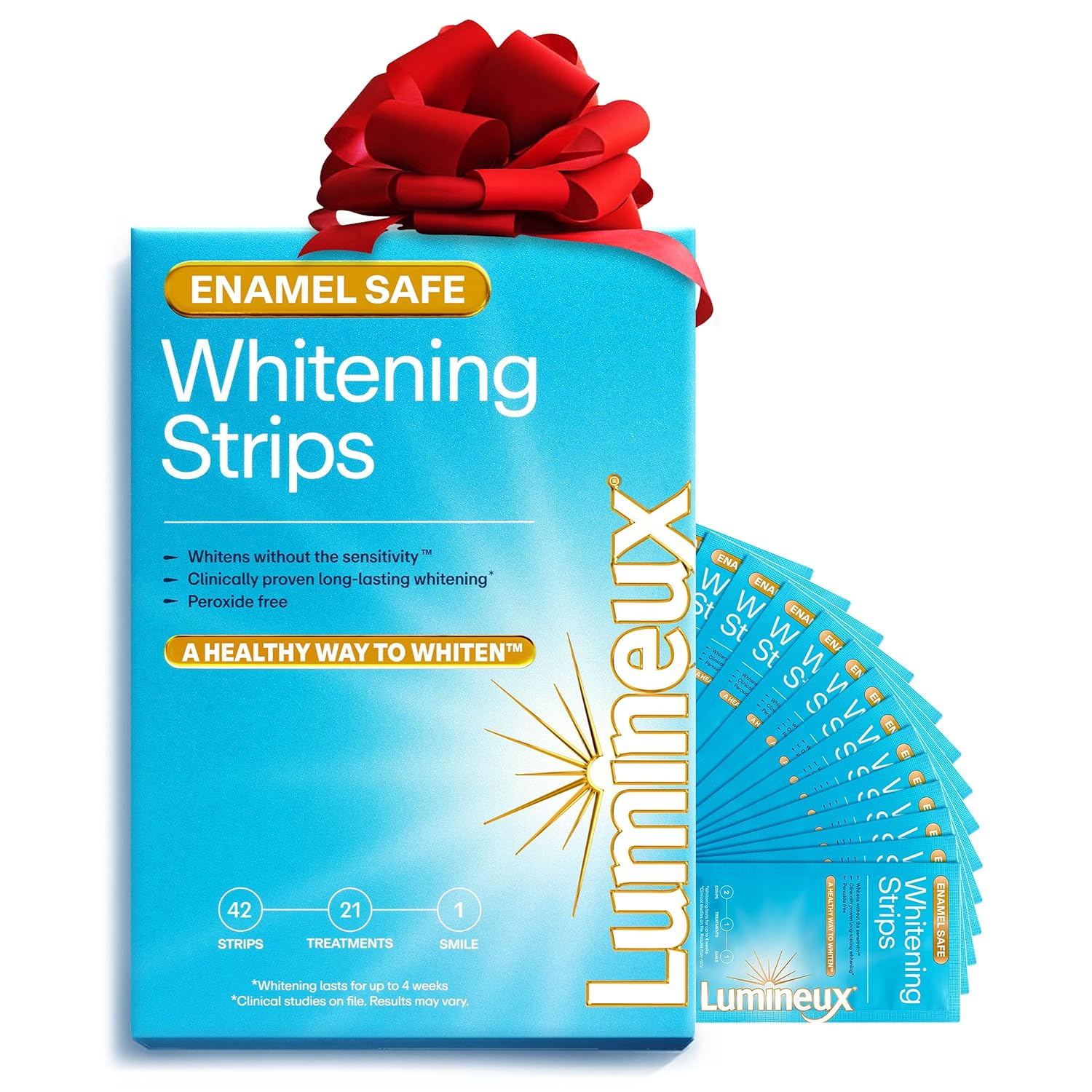 A blue box of teeth whitening strips.