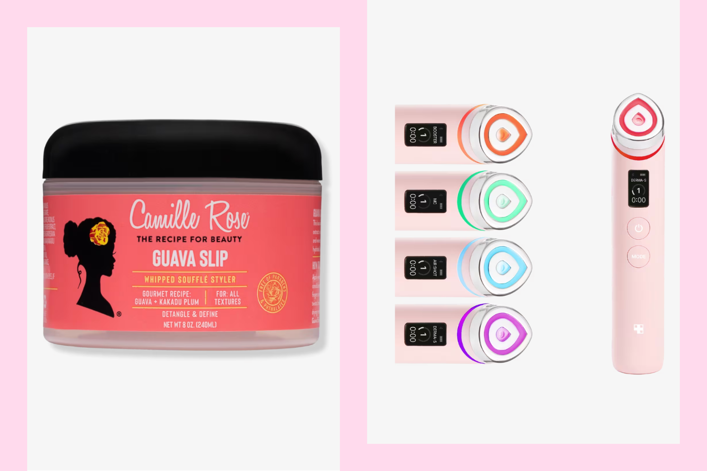 Product shots of Camille Rose's hair moisturizer and a firming device from Medicube.