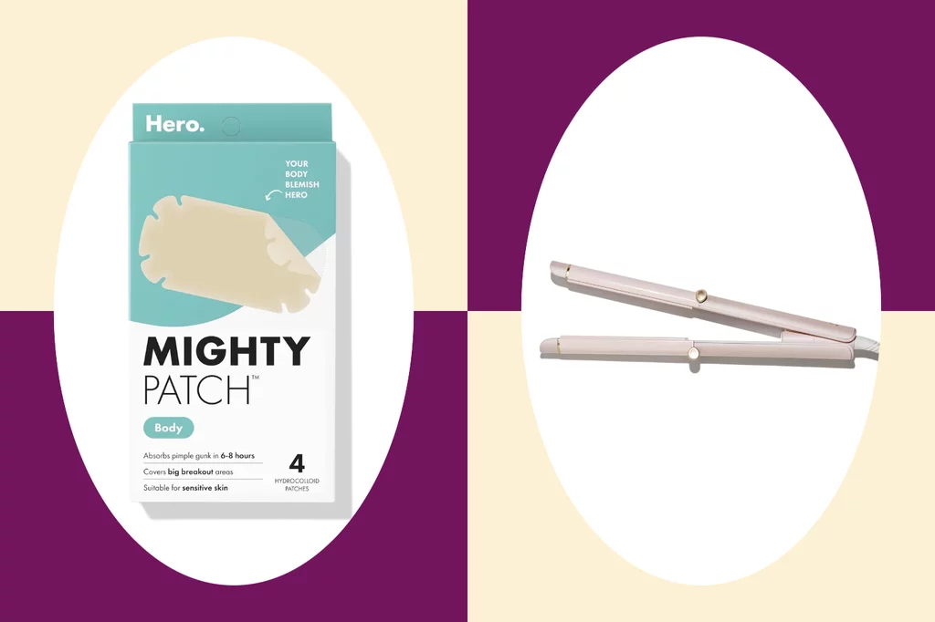 A Popsugar Graphic With Product Images of Hero Mighty Patch and a Straightening Iron