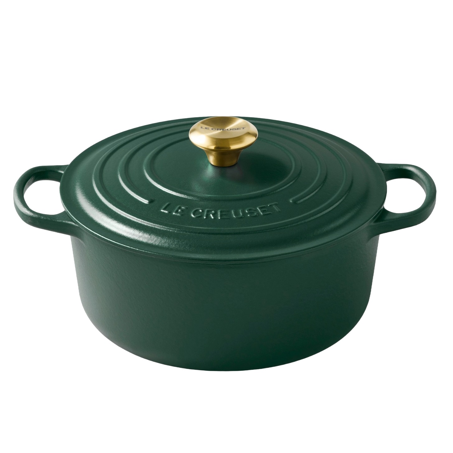 A green dutch oven with a gold knob.
