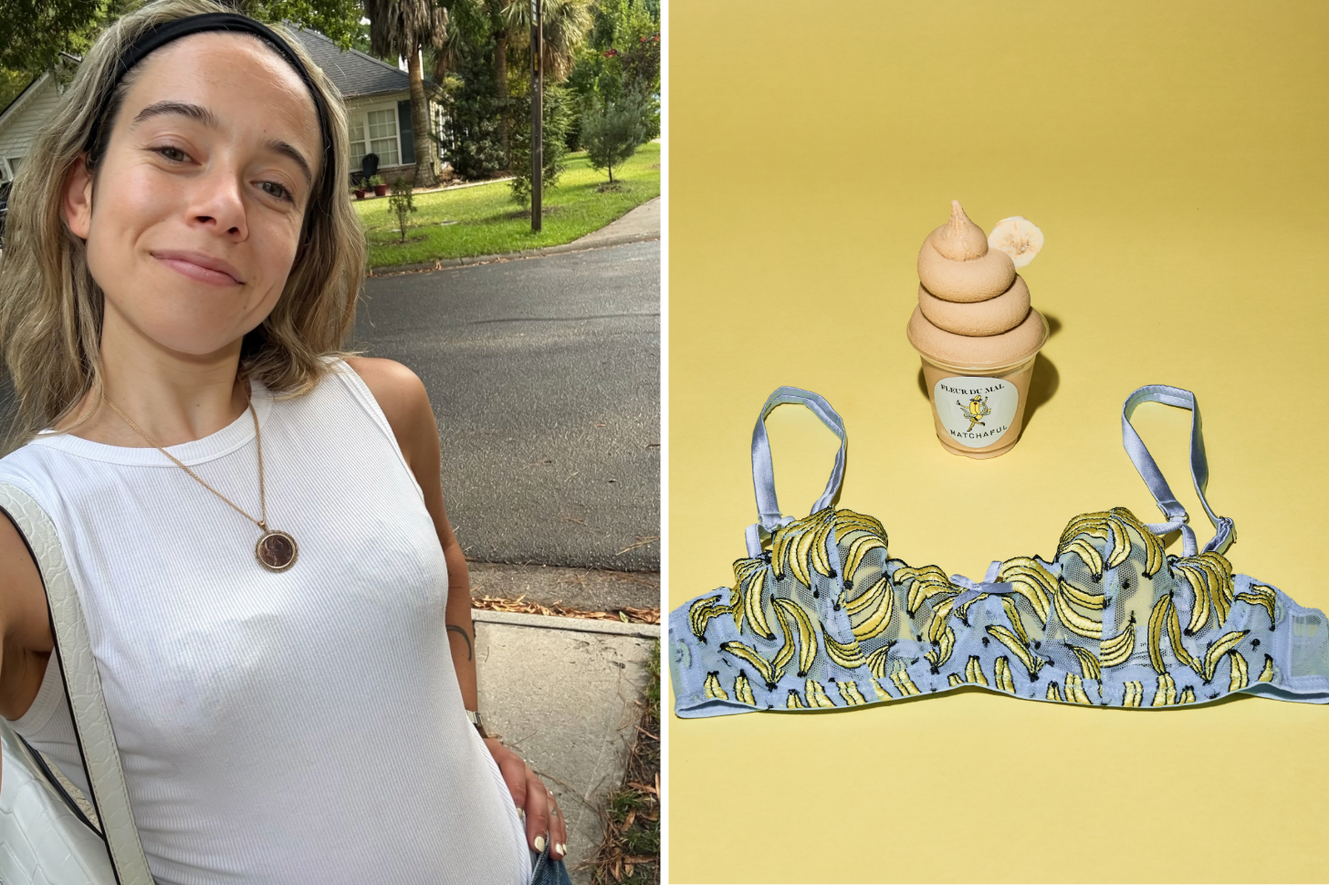 Shopping Director Sarah Wasilak Wearing a Fleur du Mal Banana Bra Next to the Product Image