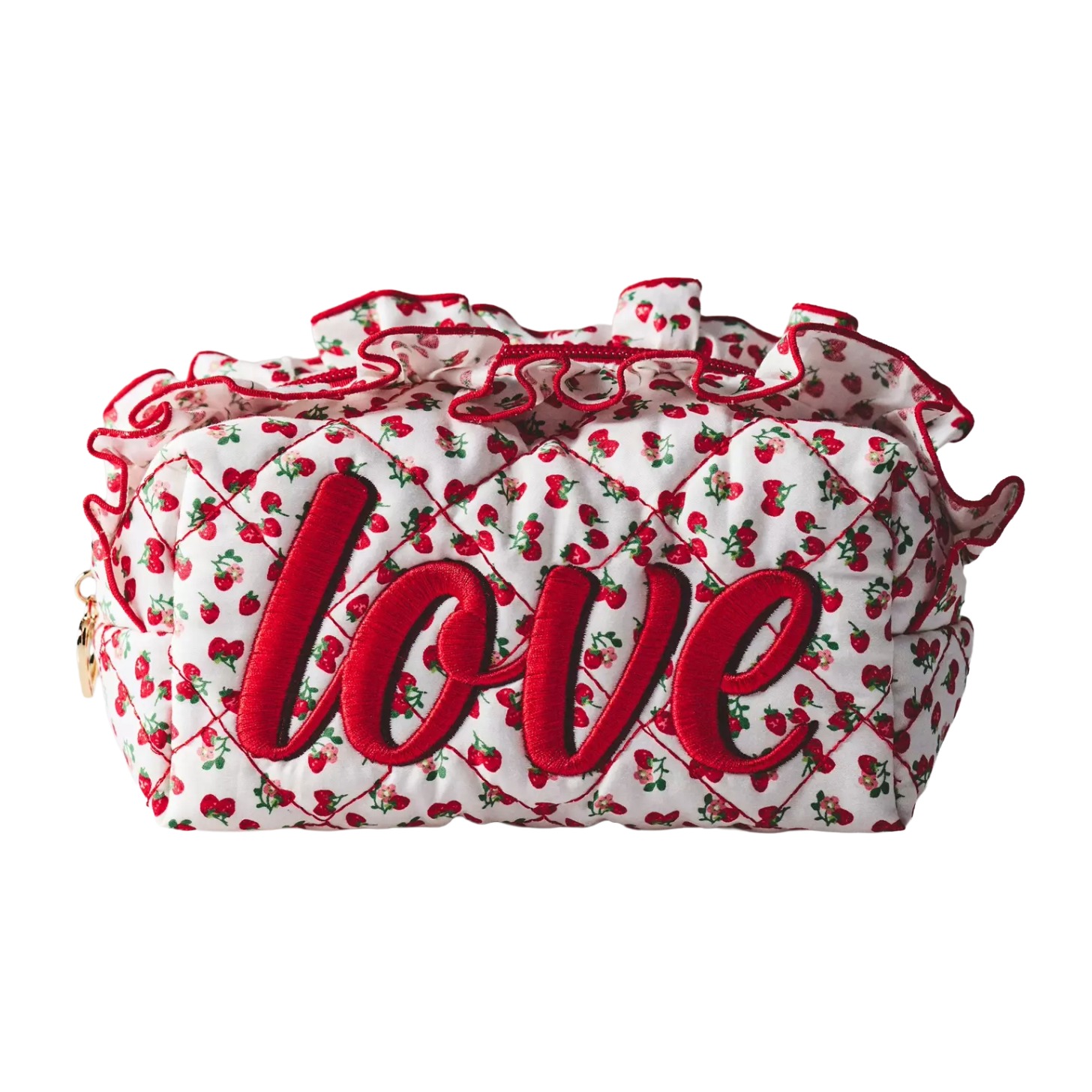 A quileted cosmetic bag with hearts. 