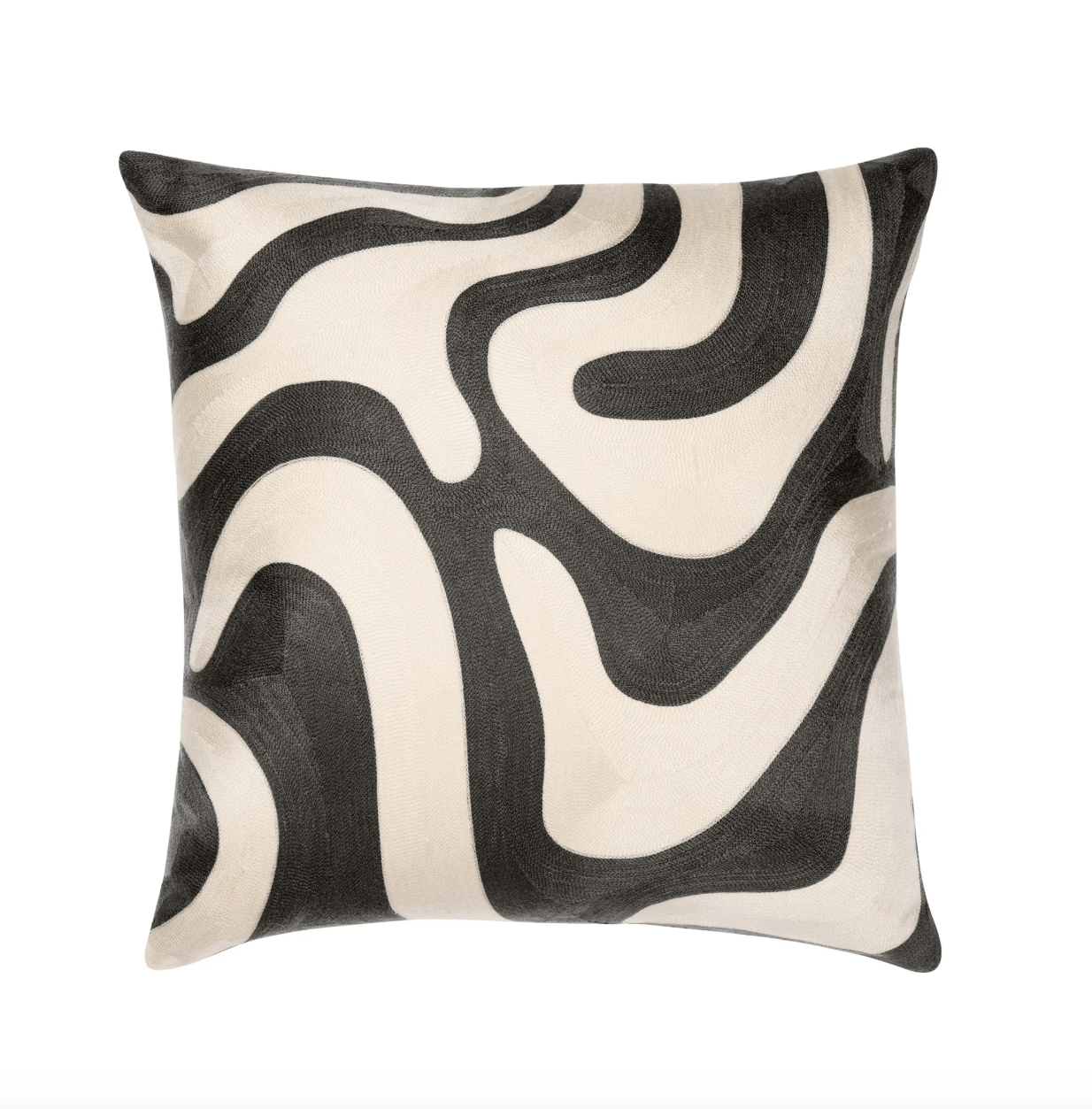 A square throw pillow featuring an abstract wavy pattern in black and off-white, photographed against a white background.