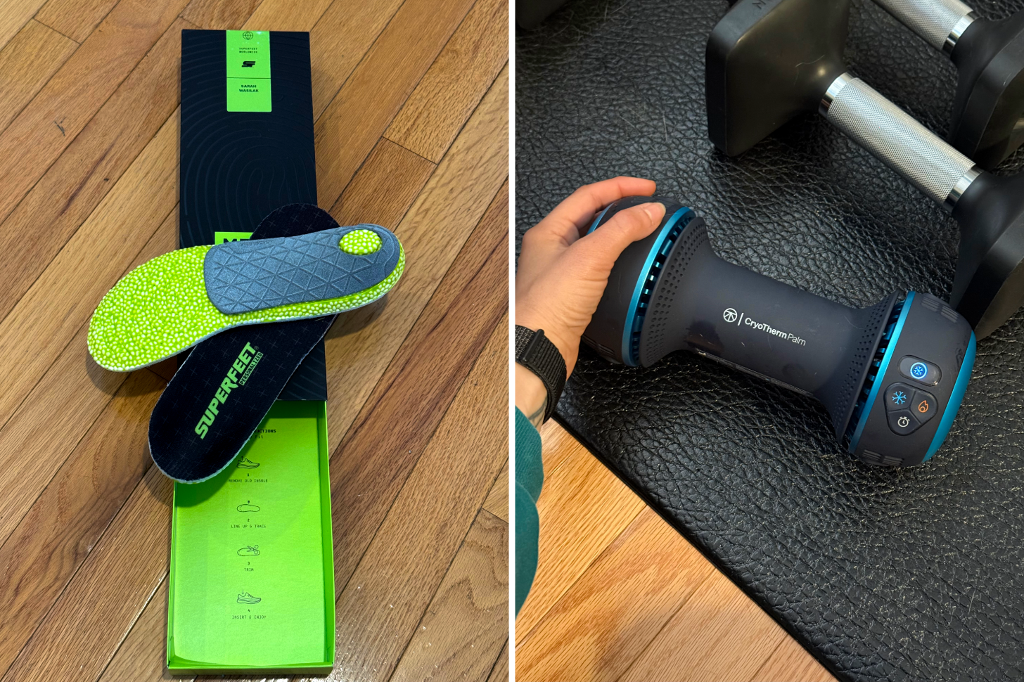 A Side-by-Side Photo of Superfeet Insoles and Therabody's CryoTherm Palm Device