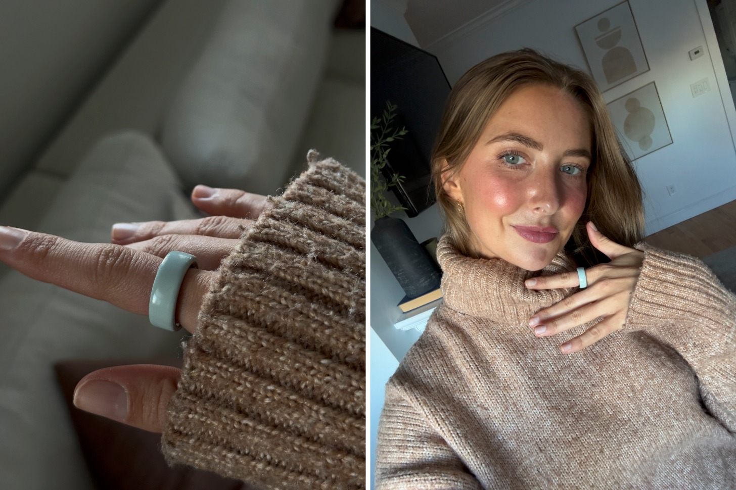 A two-up graphic of a woman wearing a light blue Oura Ring.