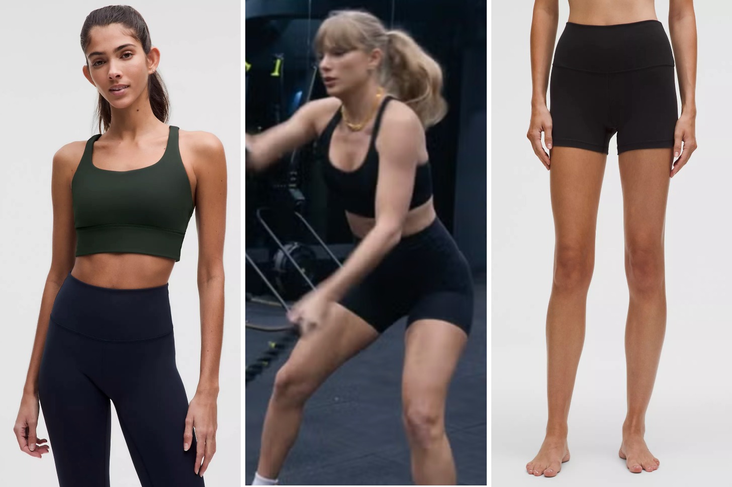 A three-up graphic of two models and Taylor Swift all wearing black workout outfits.