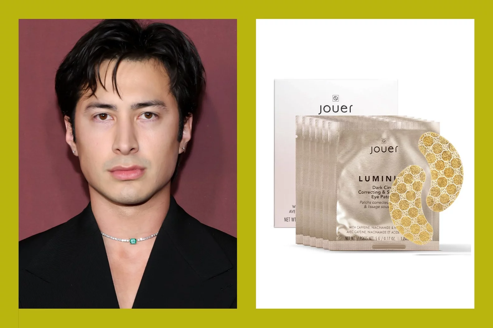 Split image showing actor and model Evan Mock in a close-up portrait on the left and Jouer Eye Patches on the right.