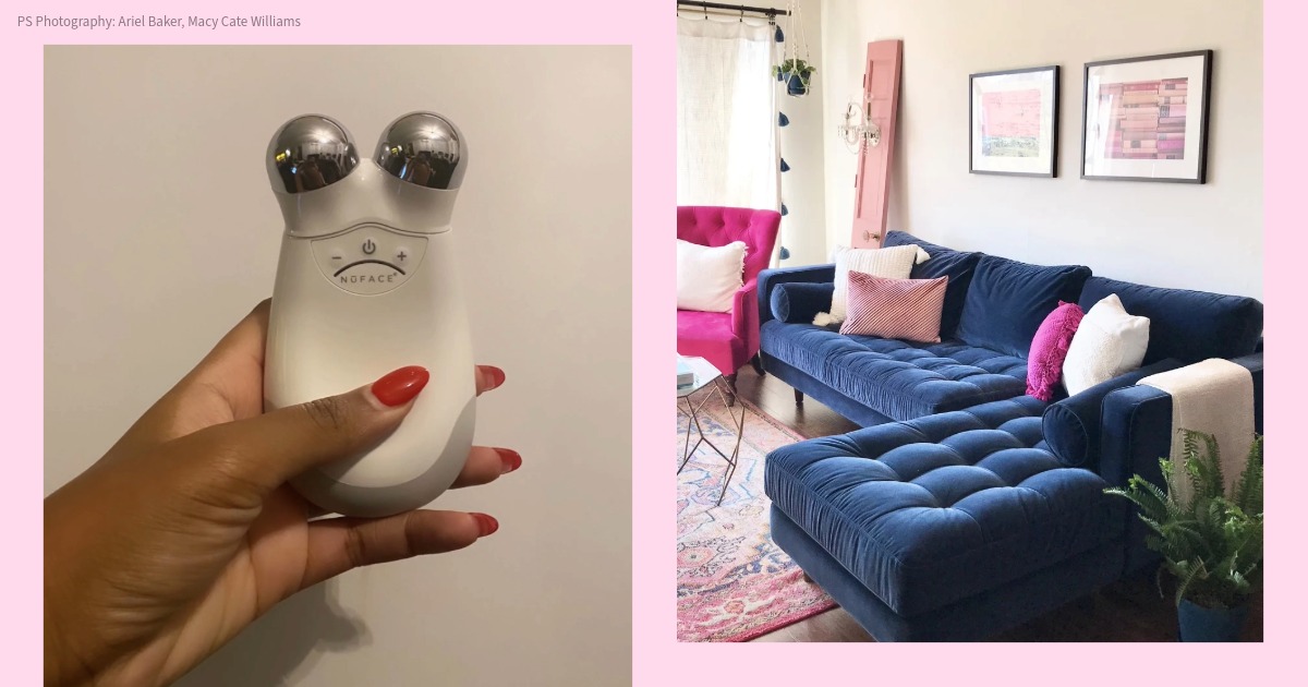 Nuface face device and blue couch