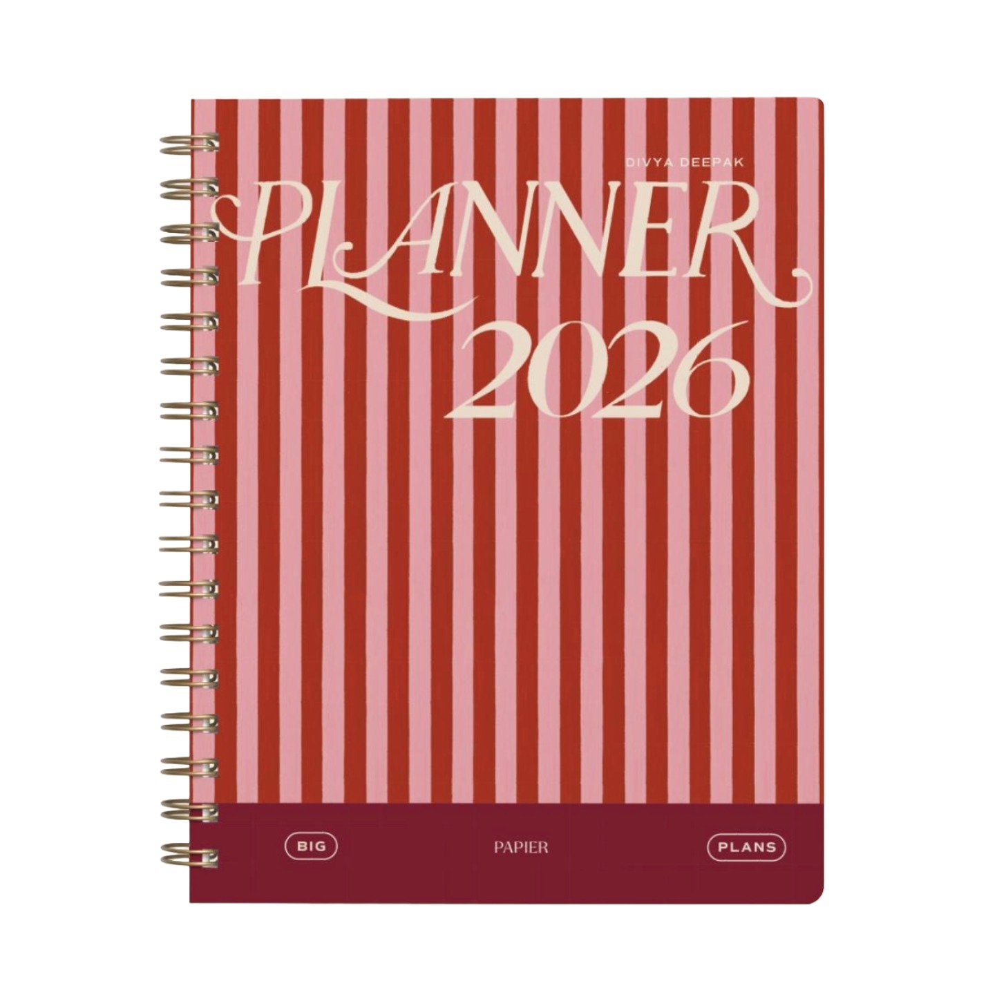 A stripped pink and red planner with the words 