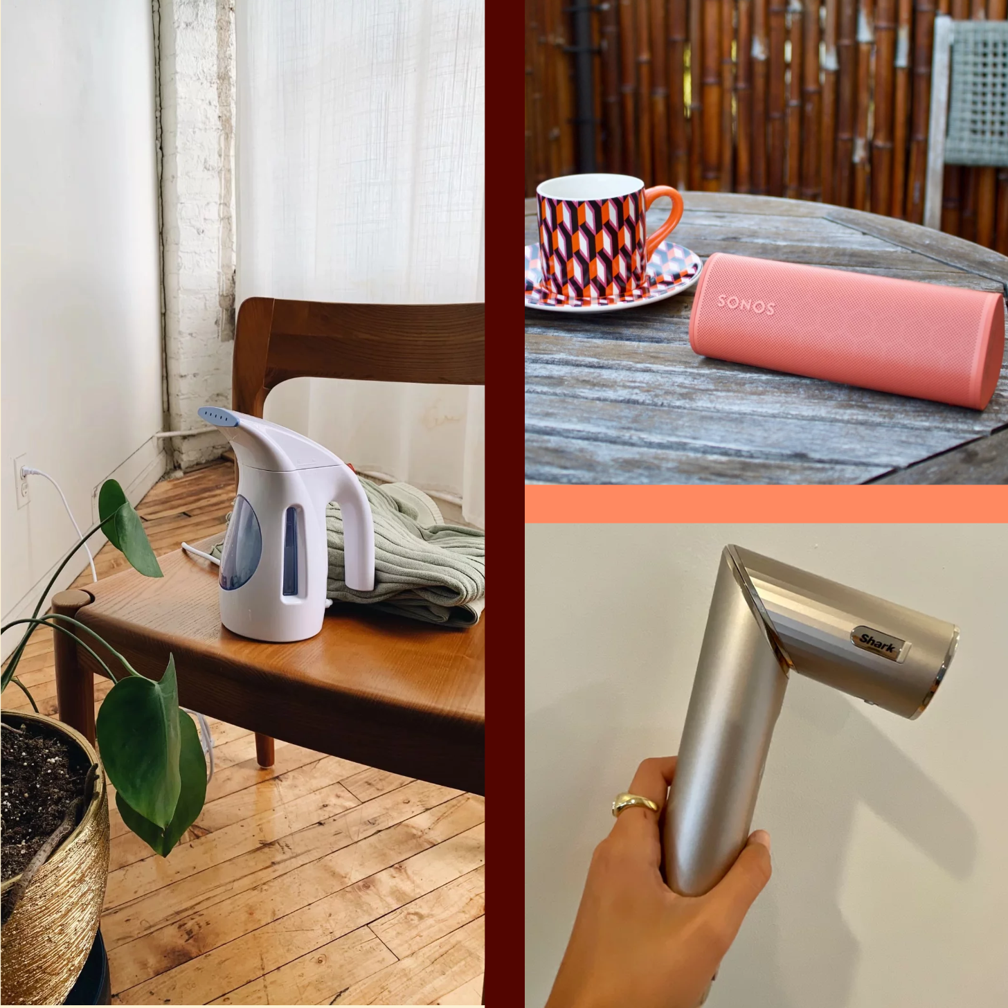 Product Images of a Steamer, Sonos Speaker, and Shark Hair Dryer