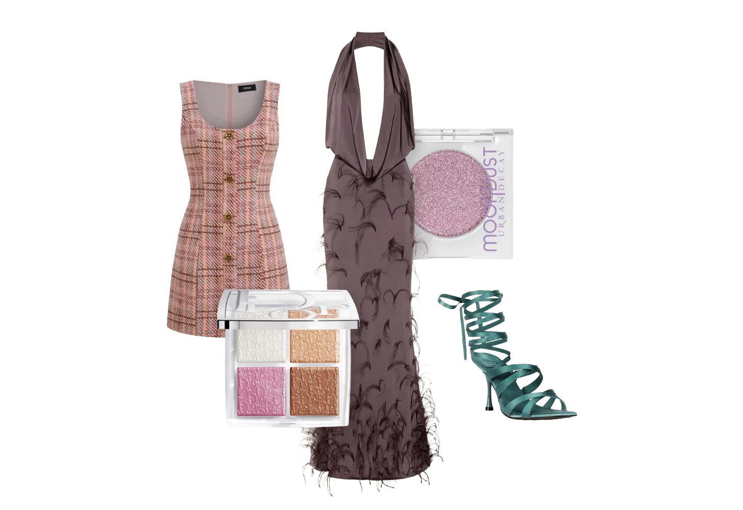 a layout of two dresses, makeup, and shoes.