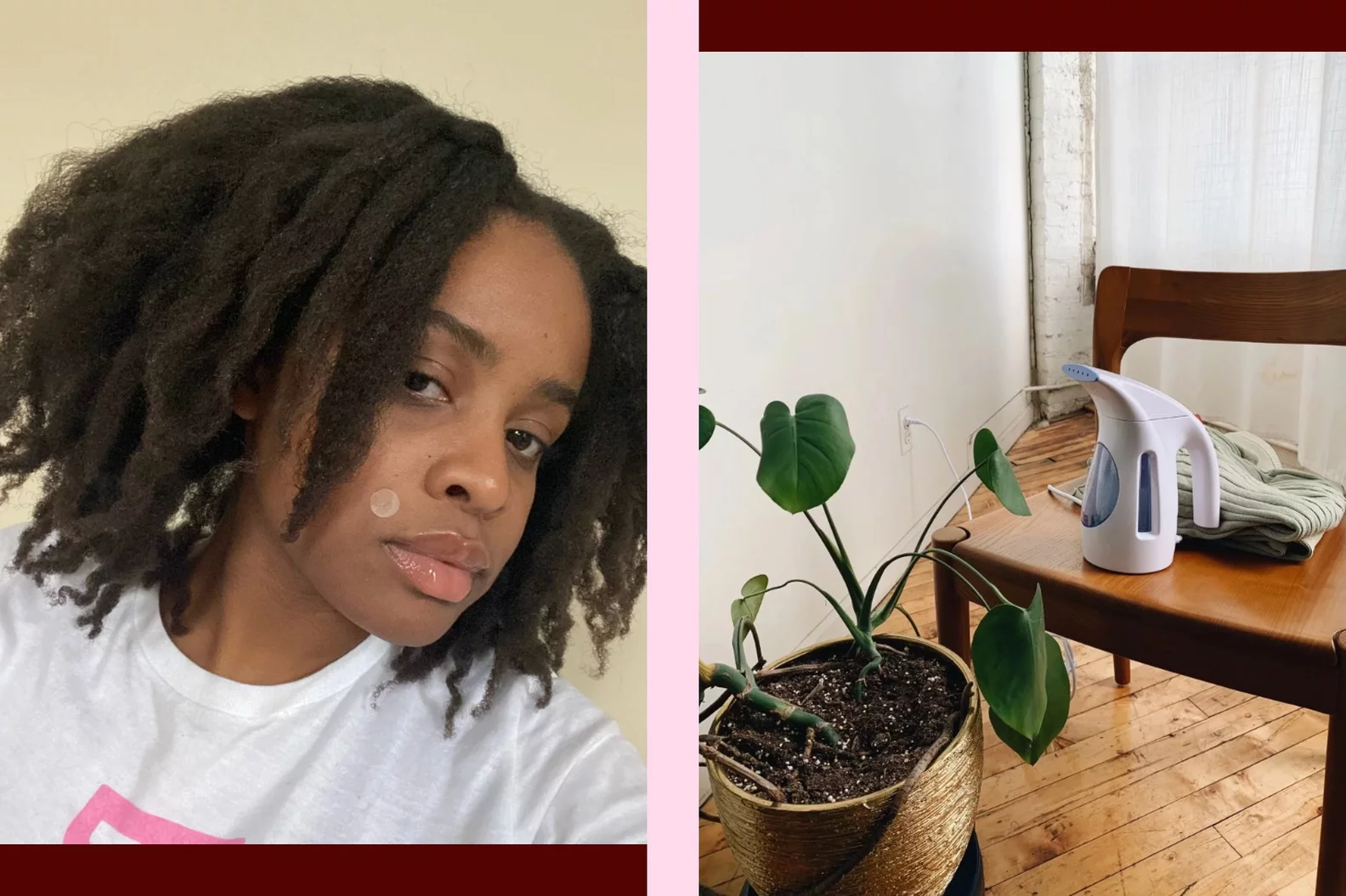 Photo of Popsugar editor wearing a zit sticker and a steamer on sale.